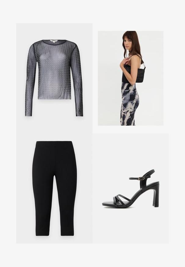Transparant svart langermet topp med rund hals, dekorert med sølvspetter ordnet i et mønster over stoffet.; Mustat capri-legginssit, jotka on valmistettu joustavasta materiaalista, tiukalla istuvuudella ja sileällä pinnalla, ilman voimakkaita kuvioita tai yksityiskohtia.; Musta korkokengäsandaali, jossa on kolme etuviivaa, nilkkaremmi kultaisella soljella ja massiivinen korko yksivärisellä taustalla.; Musta tikattu olkalaukku, jossa on yksi hihna ja hopeiset yksityiskohdat, yhdistetty istuvaan krakleerauskuosiseksi mekkoon mustan ja kerman sävyissä.