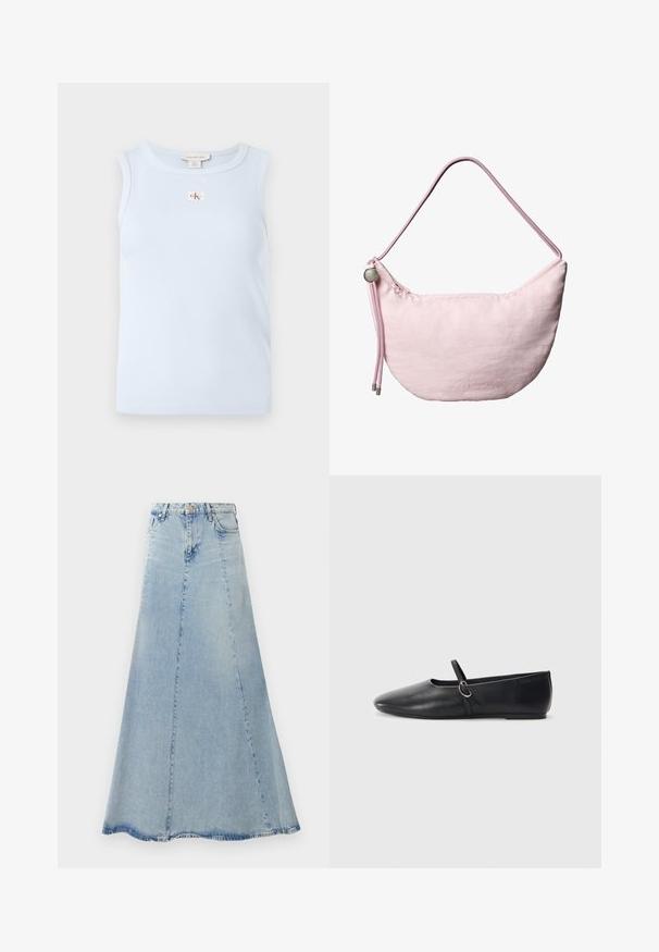 Hellblaues ärmelloses Oberteil aus geripptem Stoff, mit rundem Ausschnitt und einem kleinen CK-Logoetikett auf der Vorderseite.; Helle blaue Denim-Rock mit ausgestellter A-Linien-Form, ausgestattet mit einer Frontknopfschließe, Gürtelschlaufen und sichtbaren Nähdetails.; Schwarze Leder-Ballettschuhe mit spitzem Schuhzeug, flacher Sohle und einem kleinen Riemen mit silberner Schnalle.; Weiche, rosafarbene Schultertasche in Mondsichelform mit verstellbarem Kordelriemen, Metallstopper und dezentem, geprägtem "cK"-Logo in der Mitte vorne.