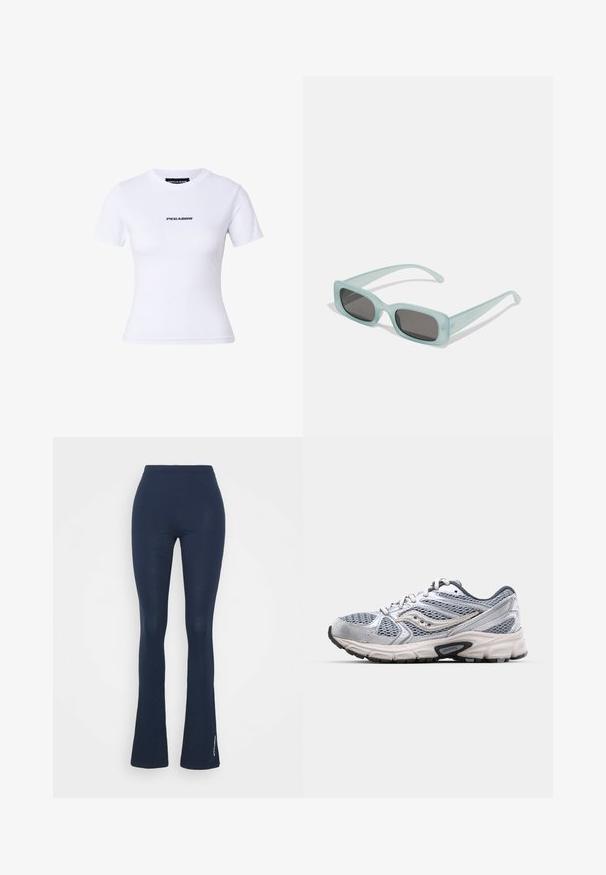 Hvid kortærmet tætsiddende T-shirt med rund halsudskæring og "PEGADOR" trykt i sort, centreret på brystet.; Marineblå, flagrende leggings lavet af et blødt, strækbart materiale med en glat struktur. Har en bred elastisk talje og et diskret mærke-logo.; Sølv løbesko med mesh-overdel, polstret sål og grå accenter. Har en rund tå og snørebåndsdesign. Branded logo synlig.; Et par rektangulære solbriller med lyseblå gennemsigtige stel og mørkegrå linser, der har lige templer og minimale hardware detaljer.