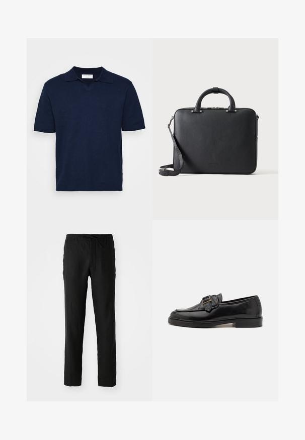 Marineblauwe polo met korte mouwen en een v-halskraag, gemaakt van een geweven stof, voorzien van een subtiele merklabel op de hals.; Zwarte linnen broek met een elastische tailleband en trekkoord. Rechtaflopende pasvorm en een soepele textuur. Geschikt voor casual kleding.; Zwarte leren instappers met een ronde neus en een decoratieve gesp. Platte, stevige hak en een gladde textuur overal.; Zwarte gestructureerde leren aktetas met dubbele handvatten, afneembare schouderriem en bovenste ritssluiting op een effen lichte achtergrond.