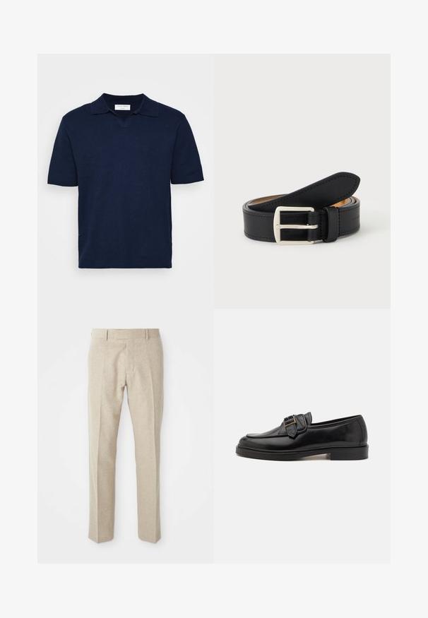 Marineblaues kurzärmeliges Poloshirt mit V-Ausschnitt, aus strukturiertem Stoff, mit einem dezenten Markenlabel am Ausschnitt.; Beige maßgeschneiderte Hosen aus strukturiertem Stoff, mit flacher Vorderseite, geraden Beinen und einem klassischen Bund mit Gürtelschlaufen.; Schwarze Leder-Lederschuhe mit abgerundeter Zehenpartie und dekorativem Schnallenakzent. Flacher, solider Absatz und durchgehend glatte Oberfläche.; Schwarzer Ledergürtel, zusammengerollt mit sichtbarer silberner rechteckiger Metallschnalle auf einfachem hellem Hintergrund.