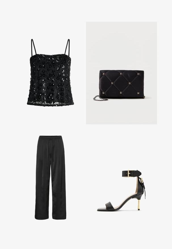 Zwarte sequined top met dunne schouderbandjes. Heeft een gestructureerde stof met florale sequins en een rechte zoom.; Zwarte wijde broek van glad, glanzend materiaal. Voorzien van een elastische tailleband met een koord voor een verstelbare pasvorm.; Zwarte leren sandalen met hak en vierkante neus, enkelband met een gouden gesp en een slanke metalen hak. Soepele textuur, minimalistisch ontwerp.; Zwarte gewatteerde satijnen clutch met zilveren piramide studs, kettingriem, rechthoekige vorm en een gladde textuur. Afmetingen van 10 cm x 18 cm x 4 cm.