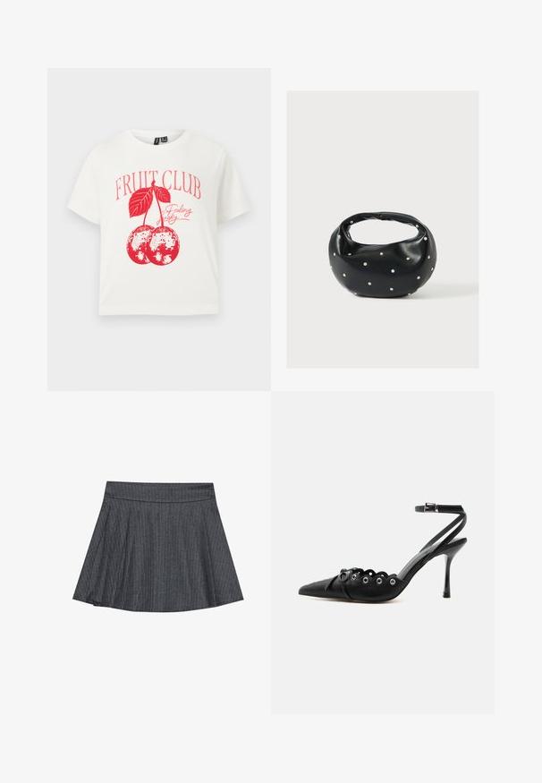 Hvid T-shirt med korte ærmer med rød grafik af to kirsebær og blade, teksten "FRUIT CLUB" ovenover og "Feeling Lucky" ved siden af kirsebærrene.; Grå stribede skater nederdel med en tætsiddende talje, udformet i A-linje og en blød stofstruktur. Lodrette linjer øger den visuelle interesse.; Sort spids hæl med bølgede kanter, metaløjer, snørelukning foran og ankelrem med spænde.; Sort læderhåndtaske med en rundet form, dekoreret med sølvnitter, og et kort håndtag. Glat tekstur og lynlåslukning.