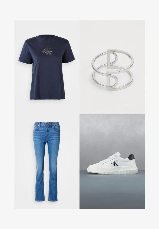 Marineblå bomulds t-shirt med korte ærmer, med et lille hvidt "Calvin Klein" logo i midten af fronten. Rund halsudskæring, afslappet pasform.; Blå denim flared jeans med en mellemhøj talje, der har et klassisk fem-lomme design og en subtil affadet tekstur ved knæene.; Hvide lavtoppede sneakers med sort hælkænke, platformssål, snørebånd og Calvin Klein "CK" logo på siden.; Sølv metal armbånd med en dobbeltloopdesign, der har en glat, blank overflade og en minimalistisk geometrisk accent.