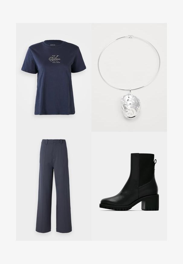 Marineblå bomulds t-shirt med korte ærmer, med et lille hvidt "Calvin Klein" logo i midten af fronten. Rund halsudskæring, afslappet pasform.; Bredde bukser i mørkegrå stof. Funktionen inkluderer en høj talje, frontplisseringer og en glat tekstur med bæltestropper.; Sort læderankelstøvle med ribbet elastisk sidepanel, blokhæl og tekstureret sål for greb. Glat finish med minimal hardware.; Sølv halskæde med en stor muslingependant, der har glatte, reflekterende overflader og intrikate teksturer. Enkel rund kæde-design.