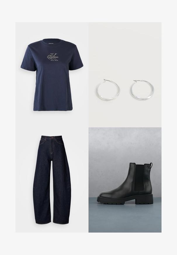 Námornícky modré bavlnené tričko s krátkymi rukávmi, s malým bielym logom "Calvin Klein" v strede prednej časti. Krúžkový výstrih, voľný strih.; Tmavomodré džínsy s širokými nohavicami, vyrobené z denimu, s vysokým pásom, straight cut, dizajnom s piatimi vreckami a kontrastným šitím.; Čierne kožené Chelsea čižmy s elastickými bočnými panelmi, textúrovaným povrchom a robustnou podrážkou, umiestnené nad hnedými drevenými dlaždicami s kamienkami.; Strieborné kovové kruhové náušnice s hladkým, mierne zakriveným povrchom a zapínaním na poistku na jednoduchom bielom pozadí.