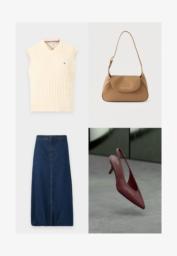 Gilet sans manches couleur crème en maille torsadée avec col en V et petit logo Tommy Hilfiger sur la poitrine.; Jupe droite en denim bleu foncé avec couture à l'avant et ceinture, longueur genou, sans poches ni boutons visibles, design sobre.; Escarpin à talon kitten en cuir bourgogne avec bout pointu, flottant au-dessus d'une surface grise texturée devant un mur vert foncé.; Sac à main en cuir camel avec un design structuré, une texture lisse, un rabat à pli et le logo doré "Valentino" sur le devant. Bandoulière réglable.