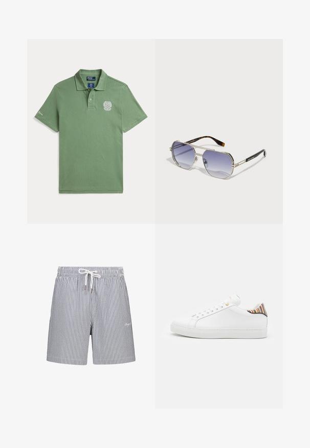 Grünes kurzärmeliges Poloshirt mit zwei Knöpfen, einem Kragen und einem weißen bestickten Wappen auf der linken Brust und am Ärmel.; Gestreifte Badehosen in Marineblau und Weiß. Hergestellt aus leichtem Stoff, mit elastischem Bund, Kordelzugverschluss und seitlichen Taschen.; Weiße Ledersneaker mit glatter Oberfläche, ausgestattet mit einem bunten gestreiften Akzent an der Ferse, goldener Öse und flacher weißer Sole.; Sonnenbrille aus silberfarbenem Metall mit achteckigen Gläsern, Farbverlauf in lila, Arme im Schildpatt-Muster und ausgefallene Randverzierung.