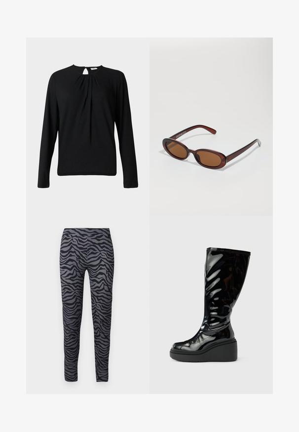 Sort langærmet top lavet af tekstureret stof, med en rund halsudskæring og en nøglehulåbning samt bløde plisseringer foran.; Tætsiddende leggings i sort og grå med et zebra-stribe mønster. Lavet af et glat, strækbart stof. Lengden er fuld.; Sort blank knæhøj støvle med glat tekstur, rund tå og tyk platformsål. Har et diskret bølgedesign på skaftet.; Runde, bruntonede solbriller med en glansfuld bordeauxramme. Slanke arme med diskret brandingdetalje. Flad linsedesign.