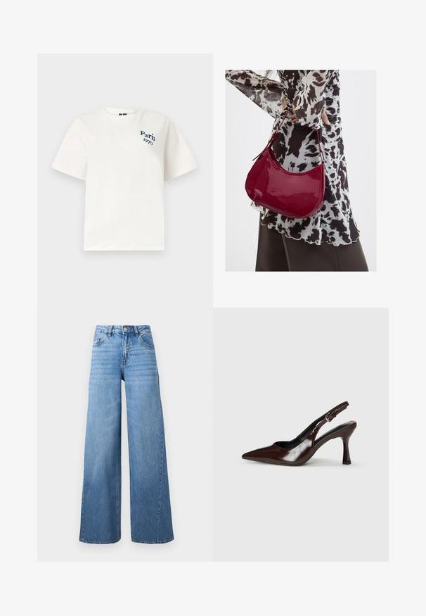 T-shirt blanc à manches courtes et col rond avec l’inscription « Paris 1970 » imprimée en bleu sur la partie supérieure gauche de la poitrine.; Jean en denim bleu clair taille haute, jambes larges, bouton devant, fermeture éclair, et design classique à cinq poches.; Talons slingback en cuir verni brun avec un bout pointu, un talon fin, et une sangle réglable avec une petite boucle.; Femme portant un chemisier à motif noir et blanc tenant un sac à main rouge brillant sur un fond uni.