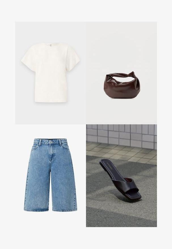 Top blanco de manga corta con un patrón floral texturizado. Diseño simple con escote redondo y ajuste relajado.; Pantalones cortos de mezclilla en azul claro, con un diseño de corte amplio, estilo estándar de cinco bolsillos y una tela texturizada con un acabado desgastado.; Sandalia tipo slide de cuero marrón oscuro con punta cuadrada y tiras anchas, descansando sobre asfalto gris cerca de una acera adoquinada.; Bolso de hombro de cuero marrón oscuro con una forma suave y caída, y un asa con nudo torcido sobre un fondo blanco liso.