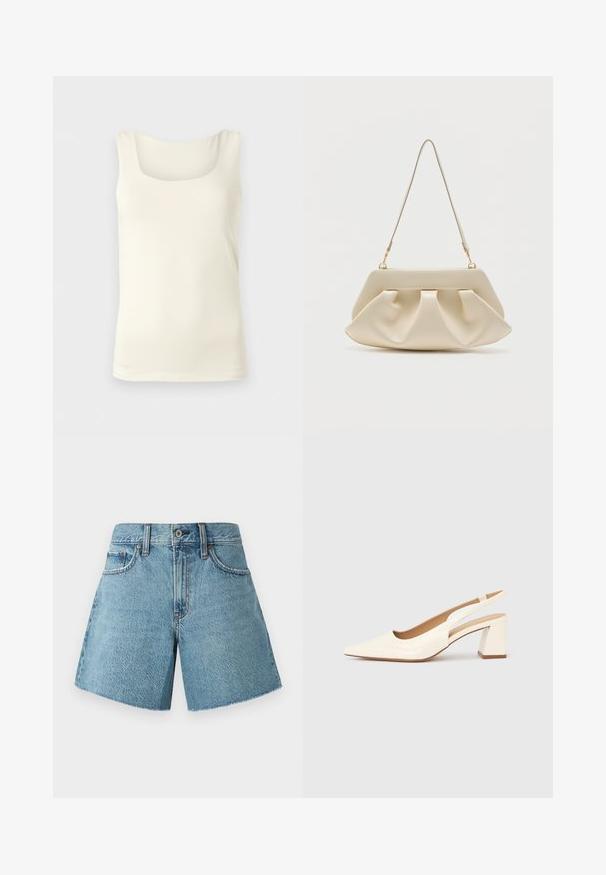 Ærmeløs cremefarvet tanktop med firkantet udskæring og glat stof, vist mod en ensartet lys grå baggrund.; Denim shorts i lys blå, med høj talje, fem lommer og rå kant. Fremstillet af tekstureret bomuldsstof med et klassisk design.; Slingback-pumpe i blank cremefarvet laklæder, med spids snude og kraftig firkantet hæl for stabilitet. Minimalistisk design uden pynt.; Kremfarvet blød clutch-taske med samlet plissering og en tynd skulderrem med guldfarvet hardware.