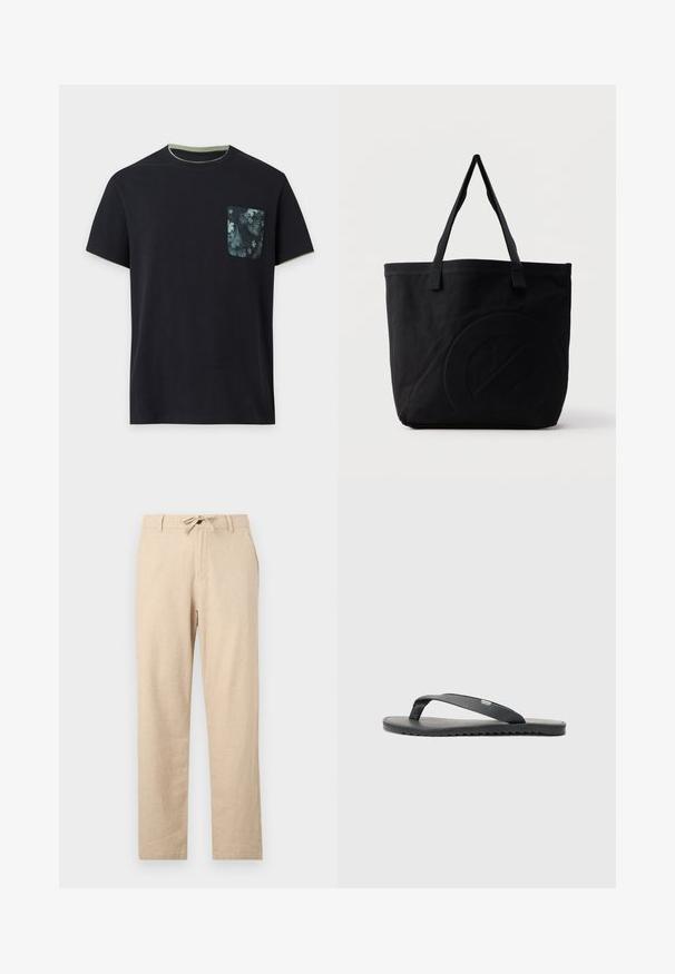 Zwart T-shirt met korte mouwen, groene biezen aan de kraag en mouwen, en een donker bloemig patroon op het borstzakje aan de linkerkant.; Lichtbeige linnen broek met een trekkoord in de taille, rechte snit, voorzakken en een gladde textuur. Minimalistisch ontwerp zonder patronen.; Zwarte flip-flop met textuur in de bandjes, platte zool en gekartelde rand. Gemaakt van rubber met een gladde afwerking en minimalistisch ontwerp.; Zwarte canvas tas met twee schouderbanden en een subtiel, ingebosseleerd cirkelvormig ontwerp aan de voorkant.
