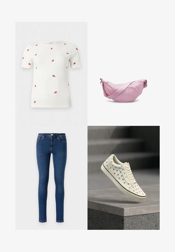 Hvid kortærmet ribbet top med spredt små røde jordbærbroderier på forsiden, ærmerne og skuldrene.; Slanke denimjeans i mørkeblå. Har et klassisk fem-lomme-design, metalknaplukning og diskret syninger langs sømmene.; Off-white sneaker med blå og røde blomsterprint, hvide snørebånd og en sortstribet sål, der svæver over en grå betonklods.; Rosa mesh skuldertaske med en buet form, der har en glat rem og en lynlåslukning. Den strukturerede materiale forbedrer åndbarheden.