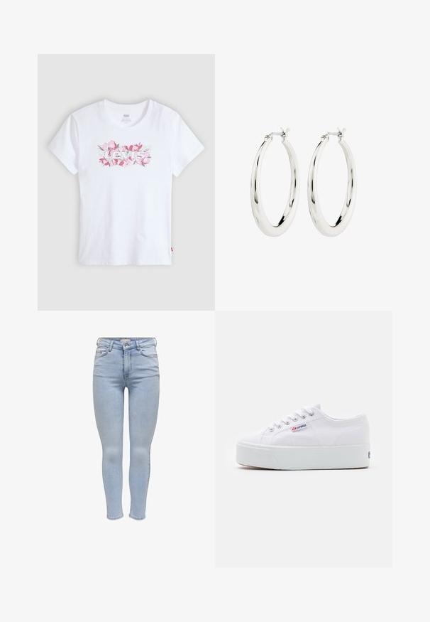 Valge puuvillane T-särk, millel on roosakas lilleline "Levi's" logo, lühikeste varrukatega ja ümar kaelus. Sile tekstuur, lihtne kuju.; Heledad sinised skinny teksad, mis on valmistatud denimist, viis taskut, tõmblukk ning sujuv tekstuur minimaalse kulumisega.; Valge kangast sneaker paksu valge platvormi tossul, ümmargune nina ja metallist augud nööride jaoks. Brändi logo on küljes.; Hõbedased rõngaskõrvarõngad siledast ja läikivast viimistlusest. Ringikujuline, sisaldab kindlat kinnitust. Lihtne ja elegantne disain.