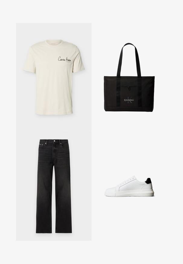 Béžové krátke tričko s logom Calvin Klein a nápisom "Established 1968" na ľavej strane hrudníka, s okrúhlym výstrihom, jednoduchý dizajn.; Čierne rovné džínsy s piatimi vreckami, pútkami na opasok a zapínaním na gombík, zobrazené na bielom pozadí.; Biele kožené tenisky s čiernym akcentom na päte, vybavené plochými šnúrkami, zaoblenou špičkou a rebrovanou gumovou podrážkou pre lepšiu priľnavosť.; Čierna taška Calvin Klein typu tote s dvoma dlhými rúčkami a predným vreckom, s logom značky v bielej a sivej farbe.
