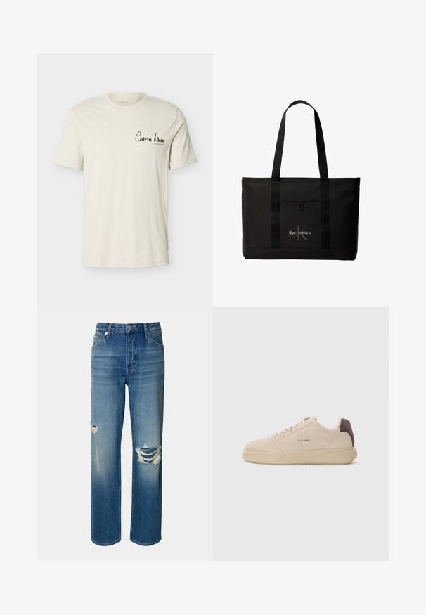 Camiseta de manga corta color blanco roto con el logo de Calvin Klein y el texto "Established 1968" en el lado izquierdo del pecho, cuello redondo, diseño sencillo.; Vaqueros de mezclilla azul claros con cintura alta, pierna recta y desgastes con roturas en ambas rodillas. Presenta un diseño clásico de cinco bolsillos y un cierre de botón.; Zapatilla de ante beige con punta redondeada, cordones en la parte frontal y un acento de ante marrón en el talón. Cuenta con una suela de goma texturizada.; Bolso tote negro de Calvin Klein con dos asas largas y bolsillo delantero, con el logo de la marca en blanco y gris.
