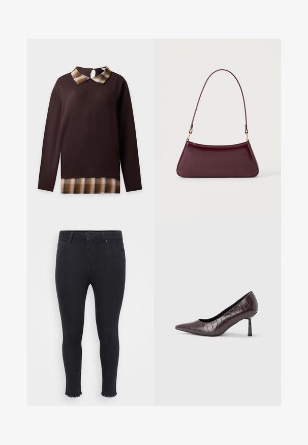 Langærmet mørkebrun top med beige og brun ternet krave og kantdetalje, nøglehulsknaplukning ved nakken bagpå.; Sorte tætsiddende jeans lavet af denim med en frynset kant ved anklen, to forlommer og en knaplukning i taljen.; Brune kunstlæder stiletter med spidse tæer og krokodilletekstur, der har en slank, vinklet hæl og en glat inderside.; Mørk burgunderglans håndtaske med et enkelt tyndt håndtag og en elegant, trapezformet form på en ensartet lys baggrund.