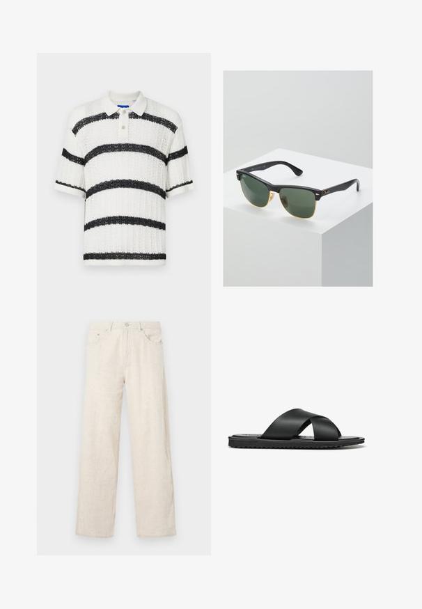 Polo blanco de manga corta con tejido texturizado, que presenta amplias franjas negras horizontales y un cuello de tres botones con botones transparentes.; Pantalones de pierna ancha en beige, fabricados en tejido texturizado, con cierre de botón, pasadores para cinturón y estilo de bolsillos clásico.; Sandalias planas negras con diseño de tiras cruzadas, elaboradas en material suave, con una suela texturizada y detalles minimalistas.; Gafas de sol Ray-Ban con lentes verdes, montura de plástico negro y acentos dorados en los bordes. Forma cuadrada con acabado mate.