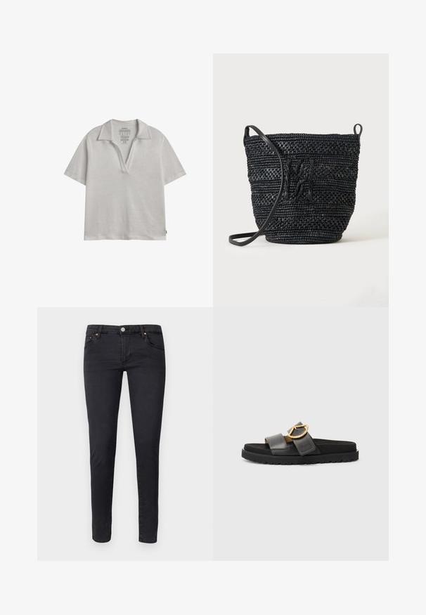 Lysegrå polo-shirt med korte ærmer og åben V-hals, lavet af bæredygtigt stof, vist på en ensfarvet hvid baggrund.; AG Jeans Jeans Skinny Fit - anthracite black; Sort slide sandal med to brede stropper, prydet med en guldfarvet cirkulær accent. Tekstureret fodseng på en tyk, holdbar gummisål.; Sort flettet bucket taske med lang rem og tekstureret mønsterdetalje på en ensfarvet baggrund.