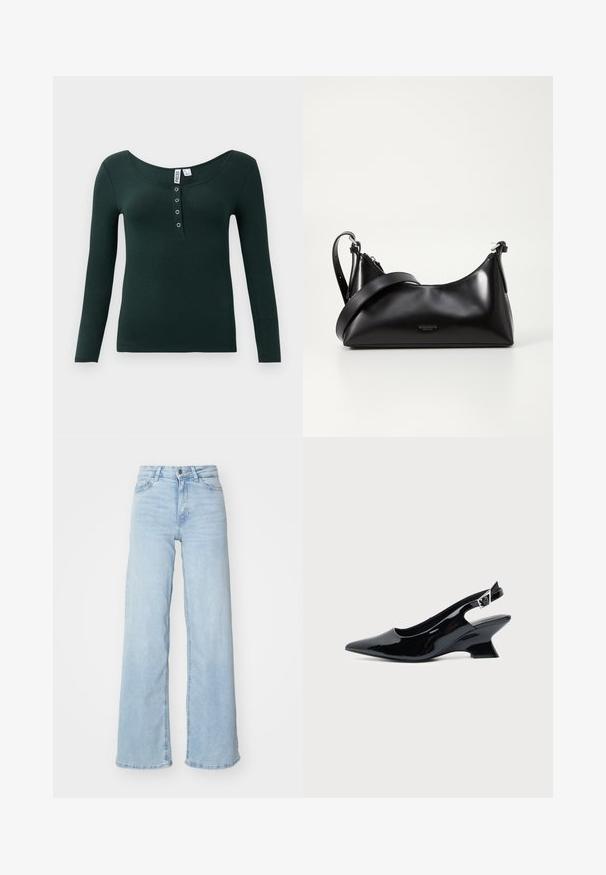 Camisa de manga larga de canalé verde oscuro con escote en forma de barco y cuatro botones a presión metálicos en la tapeta delantera.; Jeans de mezclilla de pierna ancha en azul claro. Presentan una cintura alta, cierre delantero con botón y dos bolsillos. Textura suave con un leve desgaste.; Zapato slingback de cuero charol negro con puntera puntiaguda y tacón bajo en bloque inclinado sobre fondo claro liso.; Bolso de mano de cuero negro con una textura suave. Cuenta con una correa ajustable y un diseño elegante y minimalista con cierre de cremallera.