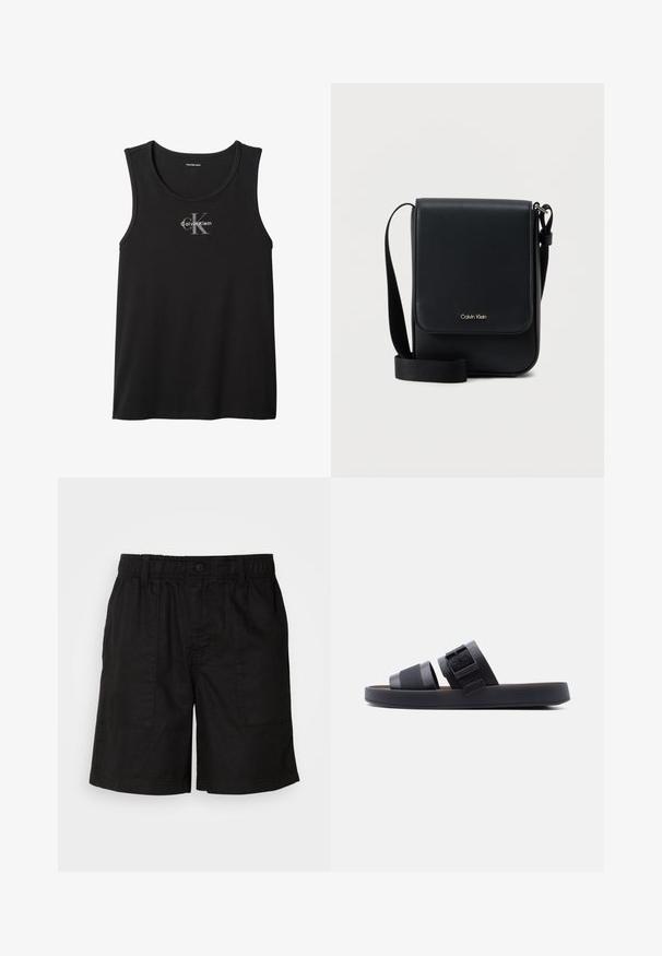 Schwarzes, ärmelloses Calvin Klein Tanktop mit dem "cK Calvin Klein" Logo in der Mitte der Brust.; Schwarze Shorts mit einem elastischen Bund und einem Knopfverschluss. Verfügt über zwei große seitliche Taschen aus einem strukturierten Stoff. Lässiges Design.; Schwarze Slidesandale mit zwei Riemen, einer davon mit einer Schnalle, auf flacher Sohle vor einem schlichten weißen Hintergrund.; Schwarze Calvin Klein Umhängetasche mit Klappe, verstellbarem Riemen und kleinem goldfarbenem Logo auf der Vorderseite, vor einem schlichten weißen Hintergrund.
