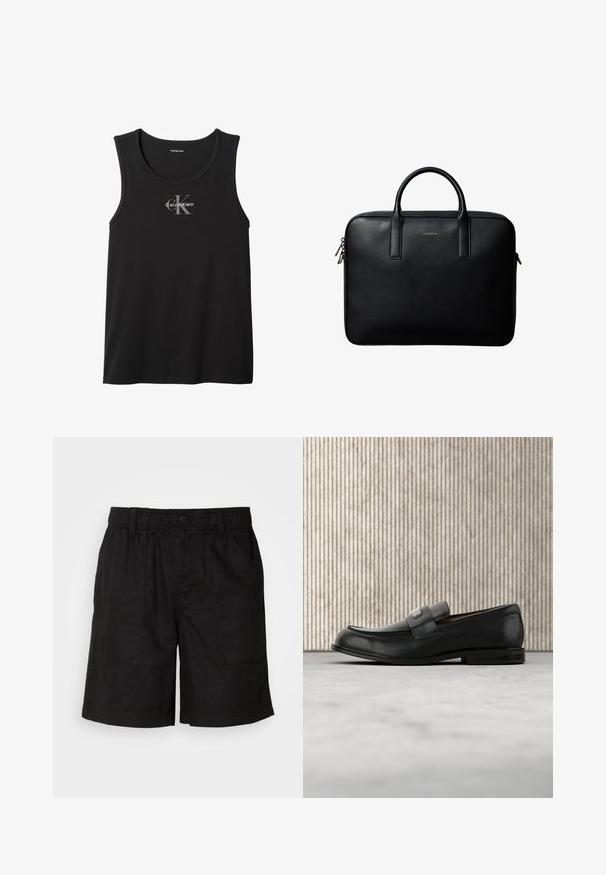 Μαύρη αμάνικη μπλούζα Calvin Klein με το λογότυπο "cK Calvin Klein" στο κέντρο του στήθους.; Μαύρες βερμούδες με ελαστική μέση και κούμπωμα με κουμπί. Διαθέτει δύο μεγάλες πλευρικές τσέπες με υφή. Καθημερινός σχεδιασμός.; Μαύρο δερμάτινο μοκασίνι με μεταλλική πλάκα μάρκας που ακουμπά δίπλα σε καφέ στρογγυλό τραπέζι πάνω σε μπεζ χαλί.; Μαύρη δερμάτινη τσάντα με υφή, με διπλές λαβές και ασημένια φερμουάρ, στο κέντρο σε λευκό φόντο.