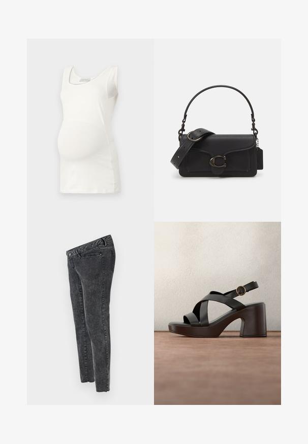 Hvid graviditetsbluse med scoop-udskæring, ærmeløs design og en tætsiddende pasform, der fremhæver den runde maveform. Blød stoftekstur.; MAMALICIOUS Slim fit Mid waist Raw hems - Jeans Slim Fit - grey denim; Sort platformsandal med krydsede stropper og gyldent spænde, vist svævende over et gråt tæppegulv med en sløret vinduesbaggrund.; Sort læder crossover-taske med en struktureret overflade, justerbar rem og sølvhardware. Har en frontklap med et lås-overlap.