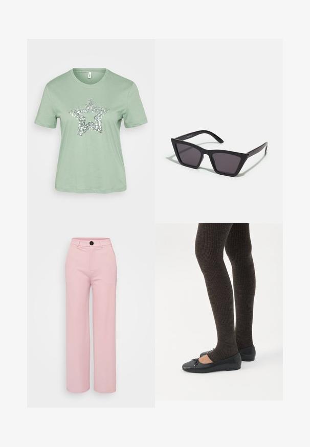 Camiseta de manga corta en verde menta con un gran diseño de estrella de lentejuelas plateadas en el frente. Fabricada en un tejido de algodón ligero y suave.; Pantalones de pierna ancha en rosa claro con una textura suave, con un botón negro y un diseño clásico de cinturilla. No hay bolsillos adicionales visibles.; Piernas con leggings oscuros acanalados combinados con bailarinas negras que presentan pequeños detalles de lazo sobre un fondo blanco.; Gafas de sol negras y angulares con lentes grises; fabricadas en plástico, con varillas gruesas de superficie suave y sin herrajes visibles.