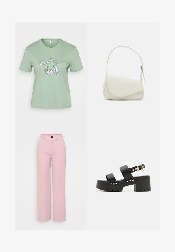 Mintgrünes T-Shirt mit kurzen Ärmeln und einem großen silbernen Paillettenstern-Design auf der Vorderseite. Hergestellt aus leichtem, weichem Baumwollstoff.; Helle rosa weite Hose mit glatter Textur, ausgestattet mit einem schwarzen Knopf und einem klassischen Taillendesign. Keine zusätzlichen Taschen sichtbar.; Call it Spring NOVALIE - Plateausandalette - black; Weiße Kunstleder-Handtasche mit einer strukturierten dreieckigen Form, einem verstellbaren Einzelgurt und einem Klappenverschluss mit geschwungenen Akzenten.