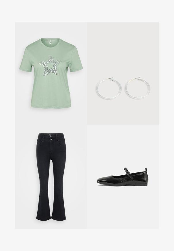 Lichtgroene t-shirt met korte mouwen, voorzien van een grote zilveren pailletten sterdesign op de voorkant. Gemaakt van lichtgewicht, zachte katoen.; Zwarte flared jeans met een hoge taille, gemaakt van denimstof. Voorzien van twee achterzakken en een dubbele knoopsluiting aan de taille.; Zwarte patenten leren ballerina met een spitse neus, een enkelbandje met een gesp en een gladde, glanzende textuur. Lage hak voor comfort.; Een paar glanzende zilveren oorringen met dunne draadafsluitingen, getoond op een lichtgrijze achtergrond.