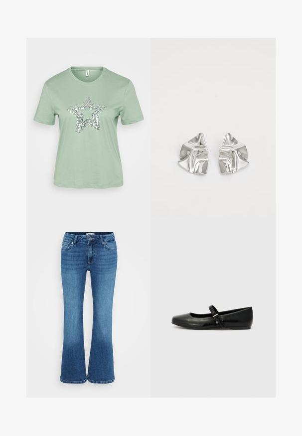Mintgrünes T-Shirt mit kurzen Ärmeln und einem großen silbernen Paillettenstern-Design auf der Vorderseite. Hergestellt aus leichtem, weichem Baumwollstoff.; Blaue Schlagjeans aus Denim mit mittelhoher Taille, fünf Taschen und einem leicht verwaschenen Finish für einen lässigen Look.; Schwarze Leder-Ballerinas mit einer runden Spitze, einer flachen Sohle und einem dünnen, verstellbaren Riemen über dem Spann mit einer Metallschnalle.; Silberne Metallohrringe mit einem wellenförmigen, skulpturalen Design, das eine polierte Oberfläche und unregelmäßige Formen aufweist, die eine zeitgenössische Ästhetik betonen.