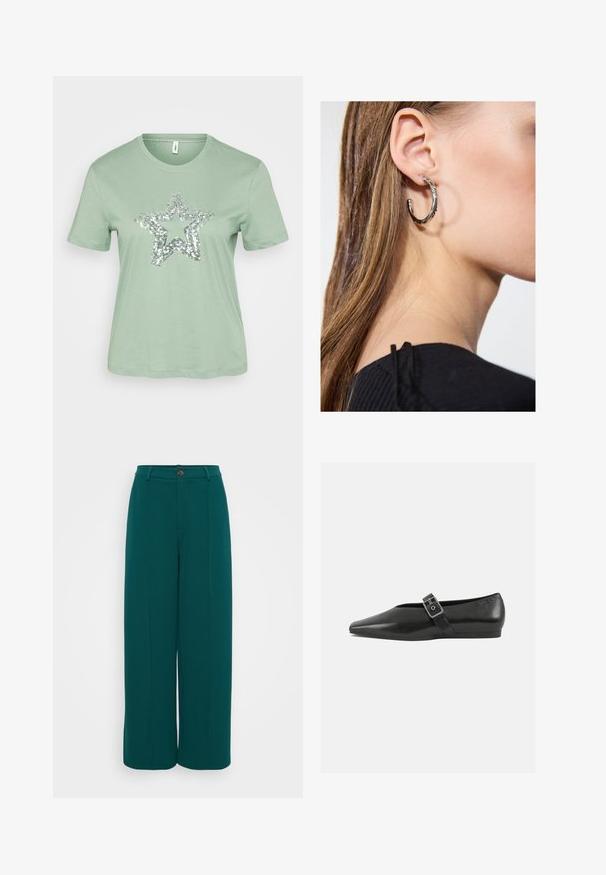 Mintgrünes T-Shirt mit kurzen Ärmeln und einem großen silbernen Paillettenstern-Design auf der Vorderseite. Hergestellt aus leichtem, weichem Baumwollstoff.; Even&Odd Petite Stoffhose - dark green; Schwarze Lederflachschuhe mit spitzem Zehenbereich, ausgestattet mit einem metallischen Riemen über dem Spann und einer niedrigen, flexiblen Sohle.; Silberne Creolen mit polierter Oberfläche, die kleine goldene Akzentdetails und eine runde Form aufweisen, am Ohrläppchen getragen.