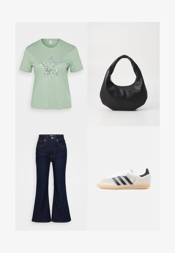 Mintgrünes T-Shirt mit kurzen Ärmeln und einem großen silbernen Paillettenstern-Design auf der Vorderseite. Hergestellt aus leichtem, weichem Baumwollstoff.; Dunkelblaue, hochtaillierte Denim-Jeans mit ausgestellten Beinen, Knopf- und Reißverschluss vorne sowie kontrastierendem orangefarbenem Nähen.; Weiße Mesh-Sneaker mit schwarzem Drei-Streifen-Design, abgerundeter Spitze und Gummisohle. Verfügen über einen weichen Fersenkragen und Schnürverschluss.; Schwarze gewebte Handtasche mit einem gebogenen Griff, die eine strukturierte Oberfläche und eine lässige Form hat. Glatte Oberfläche mit einer organischen Silhouette.