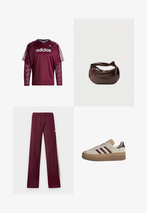 Mørkerød Adidas langærmet trøje med netærmer, hvidt logo og striber på skuldrene, sort og hvid krave, forfra.; Bordeaux løbebukser med elastisk taljebånd, sidelommer med lynlås, hvide sidelommer og et lille hvidt Adidas-logo på højre lår.; Beige ruskinds sneakers med maroon striber, hvide accenter, en kraftig gennemsigtig sål og forhøjet branding på siden. Snørebåndsdesign.; Mørkebrun læder skuldertaske med en blød, afslappet form og et snoet knudehåndtag på en ensartet hvid baggrund.