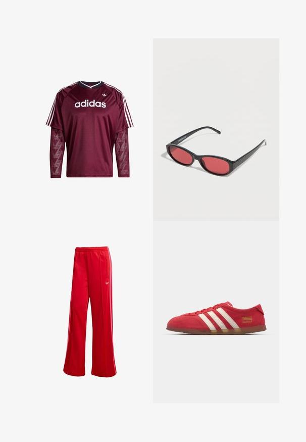 Tumepunane Adidas pika varrukaga särk võrgust varrukatega, valge logoga ja triipudega õlgadel, must-valge kraega, esikülg vaadates.; Punased spordipüksid laia jalaosaga, elastse vöökoha ja külgmise tõmblukuga taskuga. Vasakul küljel on väike valge logo. Siledat tekstuuri.; Punane siidise nahast toss, millel on valge kolme riba disain, lame tall ja kuldne logo detail. Madala lõikega disain, ümar varvas ja paeltega sulgemine.; Mustad ovaalsed päikeseprillid õhukeste kätega ja punase tooniga läätsedega, mis puhkavad valgel pinnal.