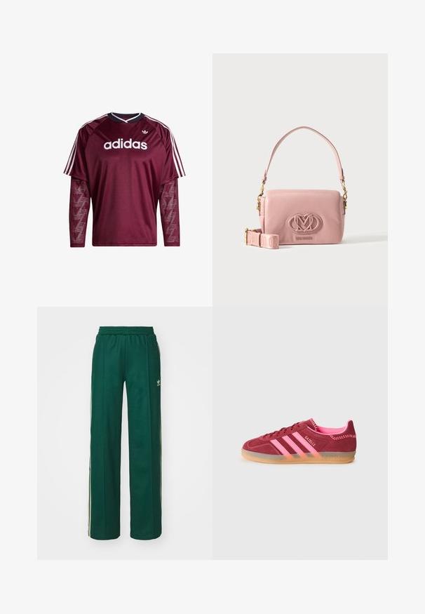 Mørkerød Adidas langærmet trøje med netærmer, hvidt logo og striber på skuldrene, sort og hvid krave, forfra.; Mørkegrønne træningsbukser med en afslappet pasform, der har snor i taljen, sidelommer og cremefarvede striber langs siderne.; Røde ruskinds sneakers med rosa detaljer, der har tre striber på siden, rund tå og sål i gummi. Minimalistisk syning.; Pink Love Moschino rektangulær skuldertaske med justerbar rem og guldfarvede detaljer, med præget logo foran.