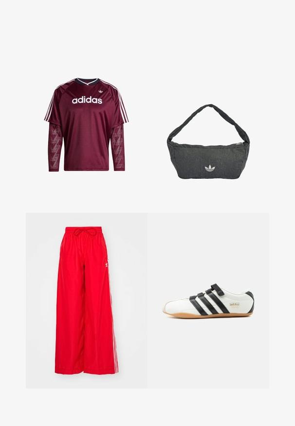 Vínovočervené tričko Adidas s dlhým rukávom a sieťovinovými rukávmi, biele logo a pruhy na pleciach, čierno-biely golier, pohľad spredu.; Červené široké nohavice vyrobené z ľahkého materiálu, s bielymi bočnými prúžkami a elastickým pásom so šnúrkou.; Biele tenisky Adidas Tokyo s čiernymi pruhmi, čiernymi suchými zipsami a podrážkou v gumovej farbe, zobrazené z boku na bielom pozadí.; Tmavomodrá tmavosivá taška cez rameno vyrobená z textúrovanej látky, s uzatváraním na zips a vyšívaným logom na prednej strane. Dlhý, zaoblený popruh.