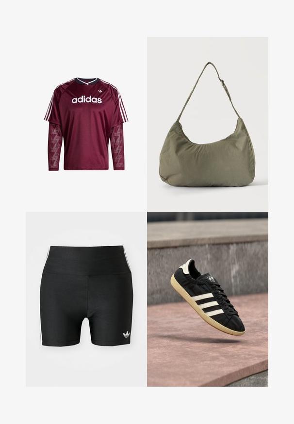 Donkerrode Adidas longsleeve met mouwen van mesh, wit logo en strepen op de schouders, zwarte en witte kraag, voorkant gezien.; Zwarte atletische shorts van rekbaar materiaal met een hoge taille. Bevatte witte zijstrepen en een klein wit logo aan de zoom.; Zwarte Adidas sneaker met witte strepen en beige zool, vastgelegd in de lucht boven een stenen oppervlak en een stenen muur op de achtergrond.; Schoudertas van zacht olijfgroen stof met ritssluiting en verstelbare band op een effen lichte achtergrond.