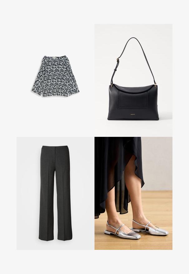 Blusa de patrón floral en blanco y negro con mangas largas y escote redondo, exhibida sobre un fondo blanco liso.; Pantalones de pierna ancha en gris oscuro, hechos de tejido texturizado. Cuentan con una cinturilla ajustada y un sutil patrón de rayas.; Zapatos planos metálicos plateados con diseño de punta cuadrada, tira trasera y acentos recortados. Textura suave sobre un suelo de madera.; Bolso de cuero negro con forma estructurada, tapa plegable y bolsillo delantero. Presenta una correa delgada y acentos en dorado.