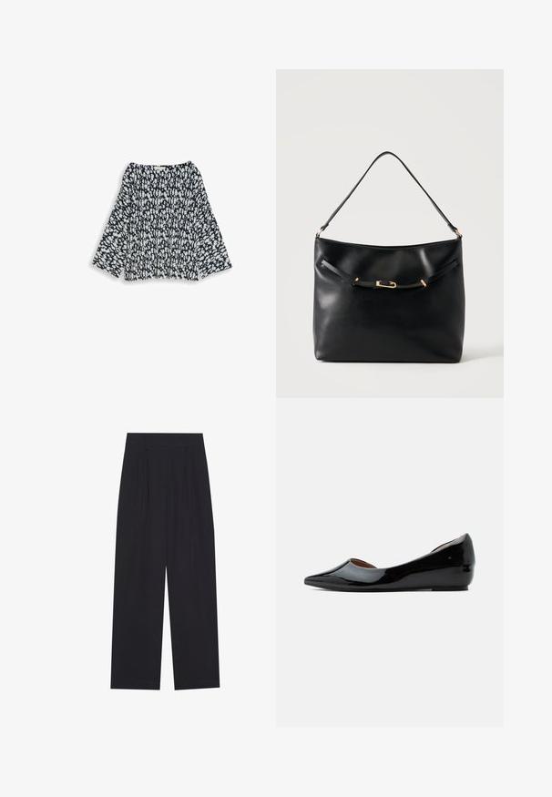 Schwarz-weiß gemusterte Bluse mit Blumenmuster, langen Ärmeln und rundem Ausschnitt, dargestellt auf weißem Hintergrund.; Schwarze, weit geschnittene Hosen aus einem glatten Material, mit Falten, einem flachen Bund und ohne sichtbare Taschen oder Verzierungen.; Schwarzer Lacklederschuh mit flacher Sohle, spitzer Schuhspitze und niedrigem Keilabsatz, seitlicher Ansicht vor einfarbigem Hintergrund.; Schwarze Leder-Schultertasche mit einem einzelnen Riemen und einer kleinen goldenen Schnalle vorne vor einem schlichten hellen Hintergrund.