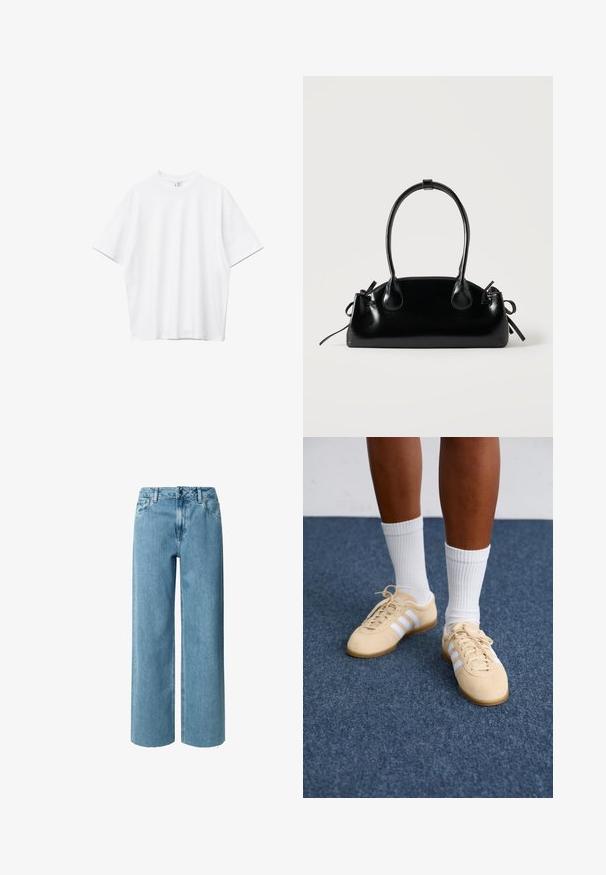 Effen witte T-shirt met korte mouwen en ronde hals, met een ontspannen, licht oversized pasvorm op een witte achtergrond.; Blauwe denim wijde jeans met een hoge taille, voorzien van riemlussen, een ritssluiting en rafelige uiteinden. De stof heeft een zachte, gladde textuur.; Persoon in beige Adidas sneakers met witte strepen en witte enkelsokken, staande op een blauwe tapijtvloer.; Kleine zwarte glanzende handtas met twee lange hengsels en zijkant trekkoord details op een effen lichte achtergrond.