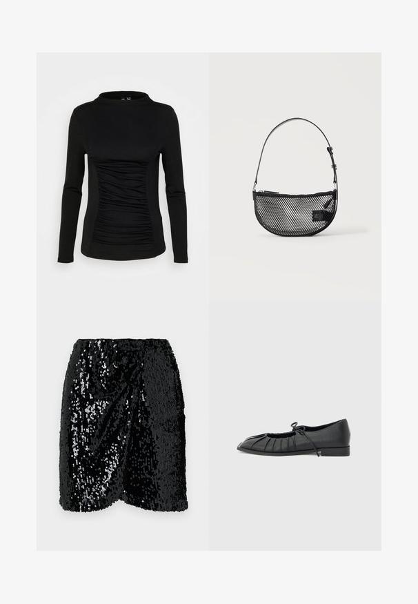 Pieces PCMAXA MOCK NECK - Top s dlhým rukávom - black; Čierna mini sukňa s flitrami a elastickým pásom. Obsahuje drapériu, lesklý povrch a vlnkový lem pre pridanú textúru.; Čierna plochá obuv s pregĺadeným predným dizajnom a viazanou mašľou na vrchu, nízky podpätok a hladká textúra na svetlosivom pozadí.; Čierna sieťovaná polmesiacová taška s krátkym nastaviteľným koženým remienkom a zipsom na jednoduchom svetlom pozadí.
