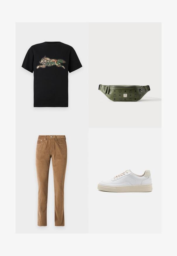 Icecream CAMO RUNNING DOG WOODLAND - T-shirt imprimé - black; Pantalons en velours côtelé marron avec une coupe ajustée, comprenant cinq poches, une fermeture à bouton et un détaillage cousu le long des coutures.; Sneaker blanche avec un dessus en cuir lisse, des lacets beige et un onglet de talon en daim beige texturé. Semelle surélevée pour une hauteur supplémentaire.; Sac banane en cuir texturé vert olive avec logos noirs, fermeture éclair argentée, doubles tirettes et plaque de marque centrale argentée.