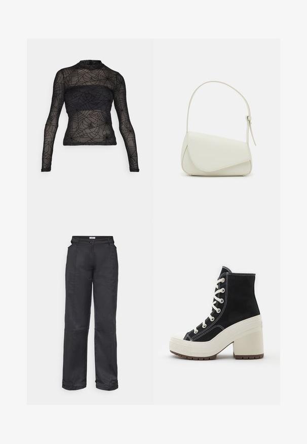 Vero Moda VMAYA TOP - Top s dlhým rukávom - black; Envii EMBLA PANTS CUT - Nohavice - black; Čierna vysoká obuv s bielymi šnúrkami, textilný materiál, smotanová platformová podrážka a blocová päta. Obsahuje biele švy a gumový špičkový kryt.; Biela kabelka z umelého kože so štruktúrovaným trojuholníkovým tvarom, jedným nastaviteľným popruhom a prekrytím so zakriveným akcentom.