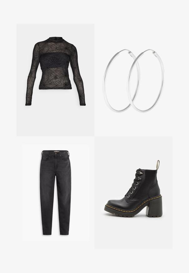 Vero Moda VMAYA TOP - Langarmshirt - black; Schwarze hochgeschnittene Slim-Fit-Jeans mit Vorder- und Gesäßtaschen, Knopfverschluss und Gürtelschlaufen, auf einem weißen Hintergrund präsentiert.; Schwarze Lederstiefelette mit einem klobigen hohen Absatz, Schnürung vorne, metallischen Ösen und gelben Nähten entlang der Sohle. Strukturierten Gummiaußensohle.; Silberfarbene Creolen mit einer glatten, runden Form und einer polierten Oberfläche. Beide Ohrringe haben die gleiche Größe und verfügen über einen sicheren Verschlussmechanismus.