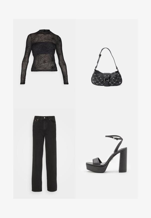 Vero Moda VMAYA TOP - Top s dlhým rukávom - black; Čierne rovné džínsy s piatimi vreckami, predným gombíkom a pútkami na opasok, zobrazené na bielom pozadí.; Čierne platformové sandále na vysokom opätku s otvorenou špičkou, širokým predným remienkom a nastaviteľným remienkom okolo členku. Hladký kožený povrch a masívny blokový opätok.; Čierna kabelka s prešívaným textúrom, so striebornými kovovými prvkami, zakriveným tvarom a jedným nastaviteľným popruhom. Zipsové zatváranie na vrchu.