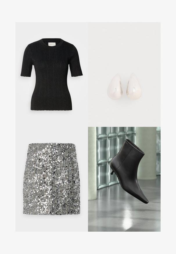 Top negro de manga corta con canalé, hecho de una tela texturizada con un brillo sutil. Presenta un escote redondo y una silueta ajustada. Etiqueta de GANT visible.; Mini falda de lentejuelas con un esquema de color metálico plateado y negro, superficie texturizada con lentejuelas reflectantes y un diseño ajustado.; Bota de cuero negro para el tobillo con puntera puntiaguda y tacón pequeño, exhibida frente a una pared de bloques de vidrio y un suelo pulido.; Pendientes de gota de metal plateado con una superficie suave y reflectante, en forma de lágrima, que presentan un diseño sin costuras y sin embellishments visibles.