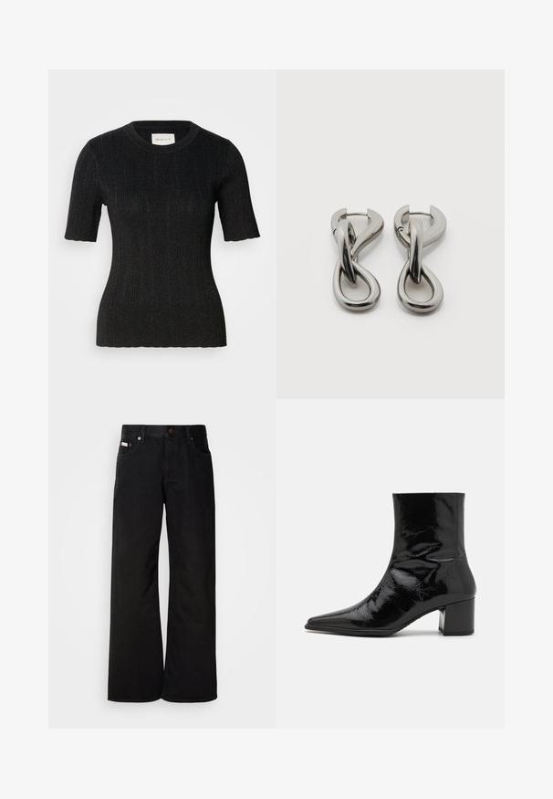 Schwarzes, geripptes Kurzarmoberteil aus einem strukturierten Stoff mit subtiler glänzender Oberfläche. Hat einen runden Ausschnitt und eine taillierte Silhouette. GANT-Label sichtbar.; Schwarze weite Jeans aus Baumwolle. Verfügt über frontale Taschen, einen Knopfverschluss und eine klassische Denim-Textur. Minimalistisches Design ohne Muster.; Schwarze Lackleder-Ankle Boots mit spitzem Zeh, strukturiertem Obermaterial und einem klobigen Absatz. Besitzt eine glatte, glänzende Textur.; Paar silberfarbene Metallohrringe mit abstraktem ineinandergreifendem Schlaufen-Design auf weißem Hintergrund.