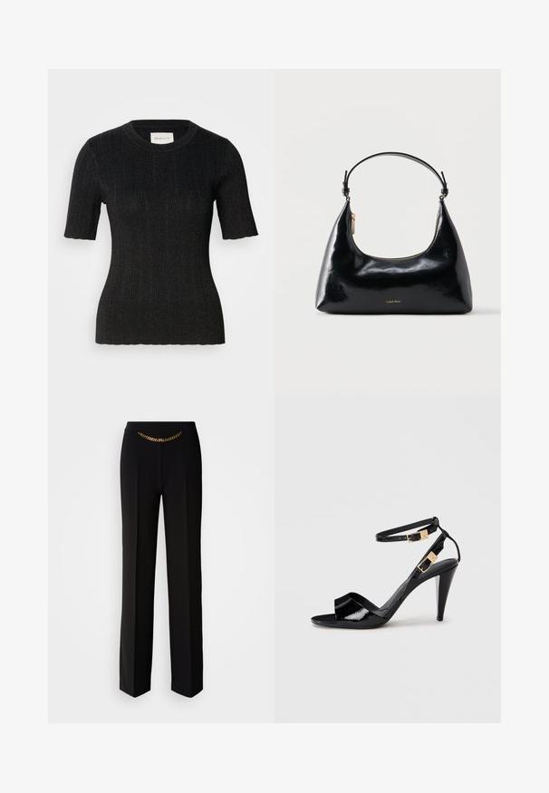 Sort ribbet kortærmet top lavet af et tekstureret stof med subtil glans. Har en rund halsudskæring og tætsiddende silhuet. GANT label synlig.; MARCIANO BY GUESS ELLA CHAIN STRAIGHT PANTS - Bukser - black; Sorte patentlæder højhælede sandaler med dobbelte ankelremme og guldspænder, åben tå og slank taperet hæl på neutral baggrund.; Sort blank Calvin Klein håndtaske med gyldent lynlås og kort rem mod en ensfarvet hvid baggrund.